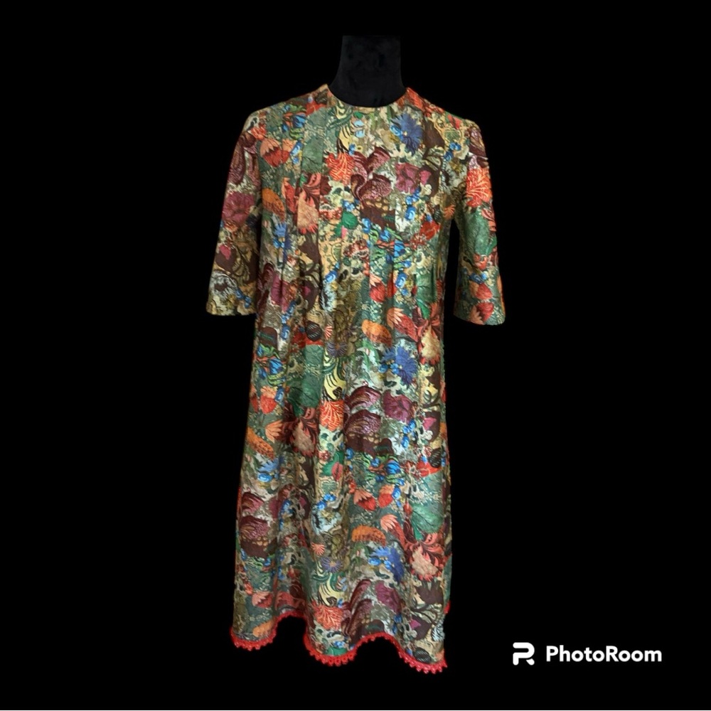 Vintage handmade brocade floral shift house dress 3/4 sleeves size medium